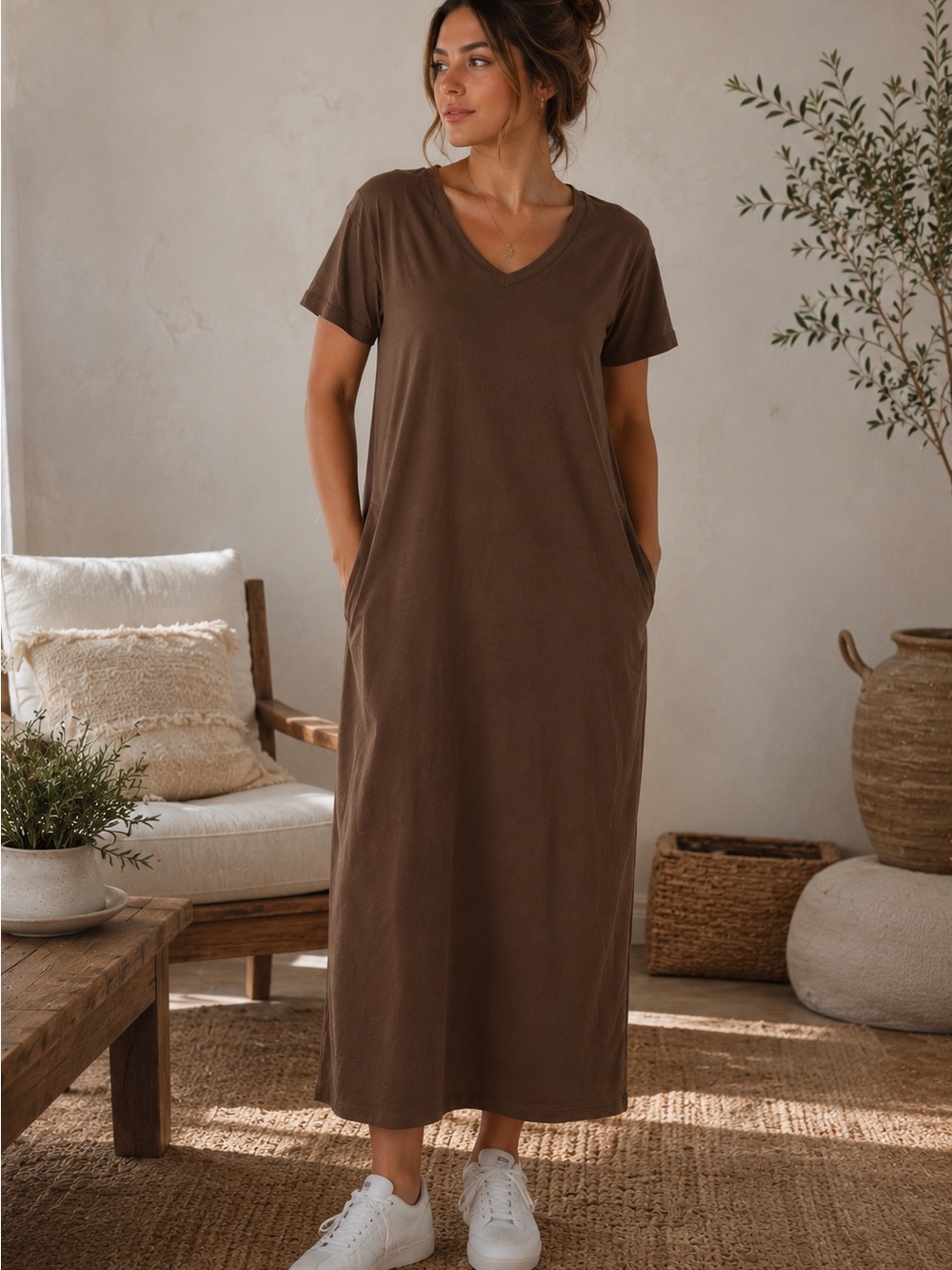 Cherish Women's Brown V-Neck Comfy Pocket Dress |
One Size | Casual Lounge